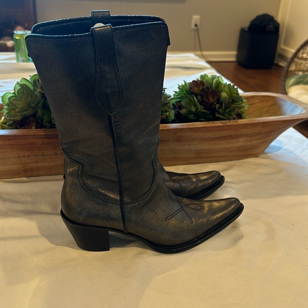 Franco Sarto Gray Metallic Leather Heel Calf Boots cowboy boot size 6.5 EUC